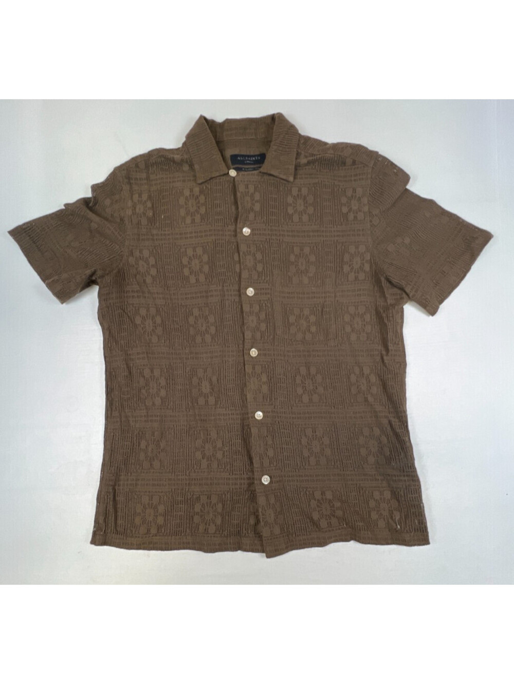 AllSaints Men XS Brown Caleta Short Sleeve Crochet Button Down Shirt Relaxed